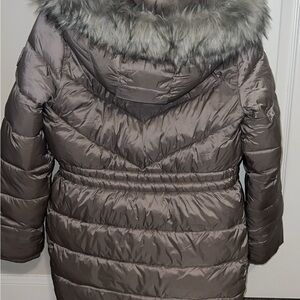Abercrombie & Fitch Metallic Gray Puffer Jacket with Faux Fur Hood